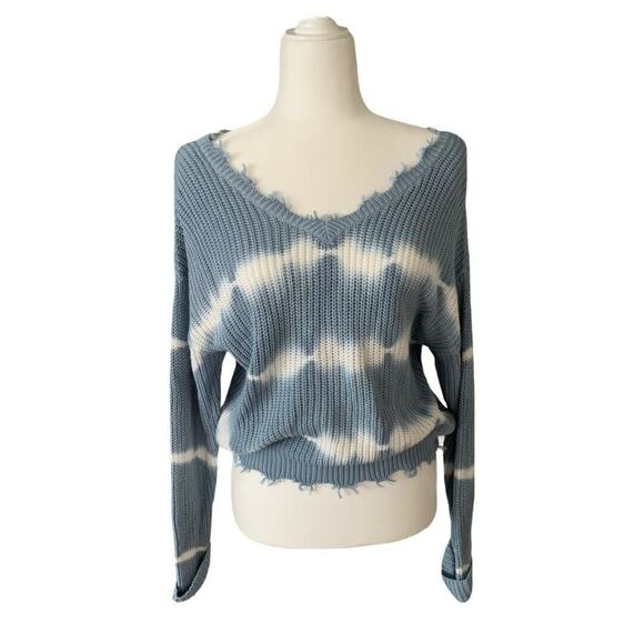Jessica Simpson Frayed Cropped V Neck Sweater Knit Size Small Blue White Boho - Picture 1 of 9